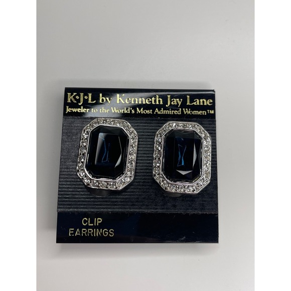 Vintage KJL Kenneth Jay Lane Princess Diana Blue Rhinestone Clip On Earrings - Picture 3 of 13